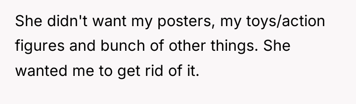 She didn't want my posters, my toys/action figures and bunch...