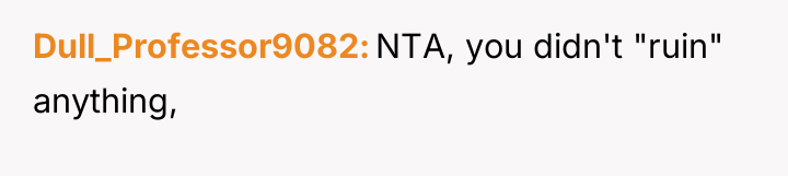 Dull_Professor9082 NTA, you didn't "ruin" anything,