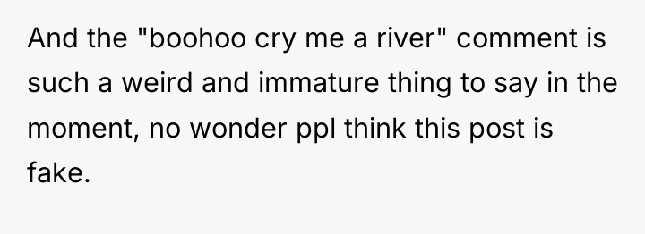 And the "boohoo cry me a river" comment is such...