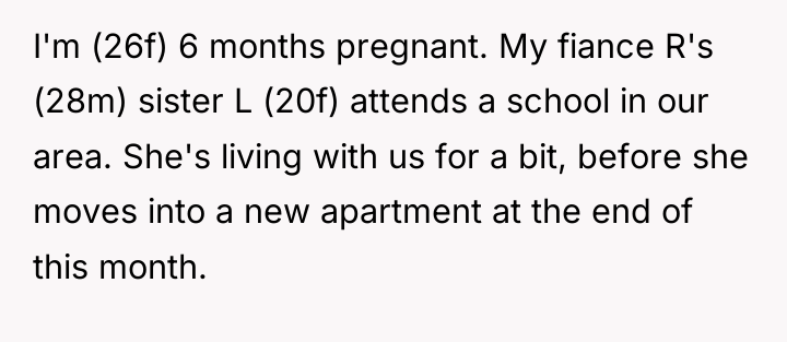 I'm (26f) 6 months pregnant. My fiance R's (28m) sister...