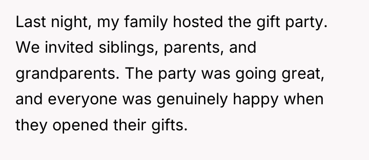 Last night, my family hosted the gift party. We invited...