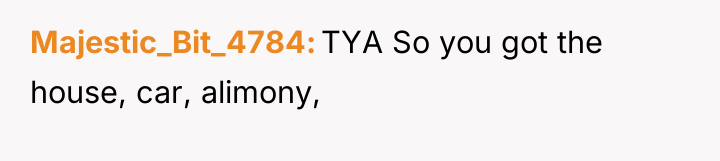 Majestic_Bit_4784 TYA So you got the house, car, alimony,
