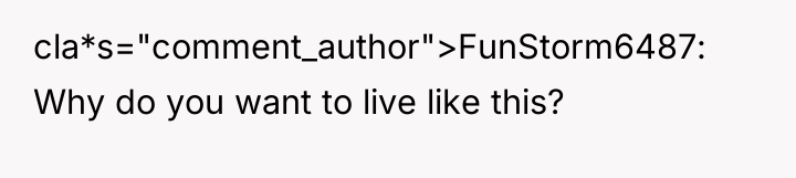cla*s="comment_author">FunStorm6487: Why do you want to live like this?
