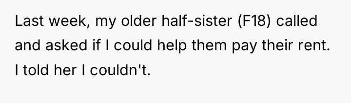 Last week, my older half-sister (F18) called and asked if...