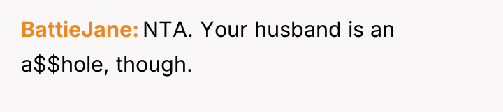 BattieJane NTA. Your husband is an a$$hole, though.