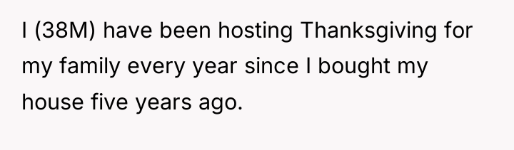 I (38M) have been hosting Thanksgiving for my family every...