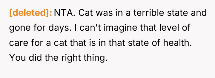 [deleted] NTA. Cat was in a terrible state and gone...