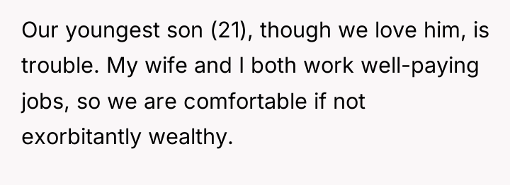 Our youngest son (21), though we love him, is trouble....