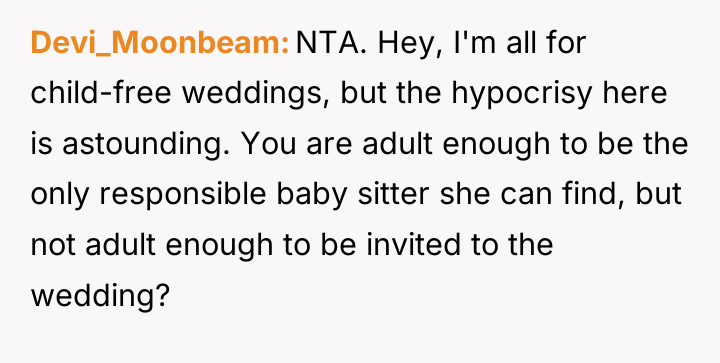 Devi_Moonbeam NTA. Hey, I'm all for child-free weddings, but the...