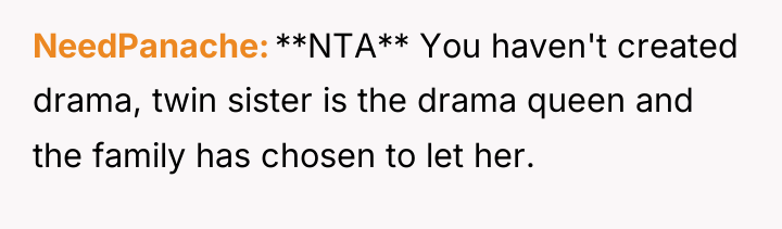 NeedPanache **NTA** You haven't created drama, twin sister is the...