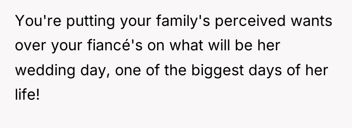 You're putting your family's perceived wants over your fiancé's on...