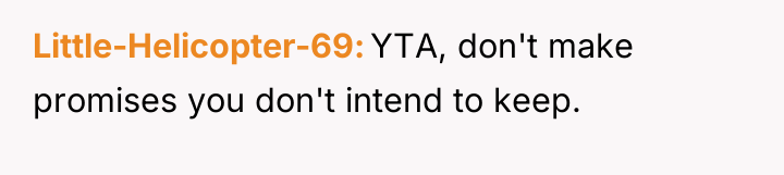 Little-Helicopter-69 YTA, don't make promises you don't intend to keep.