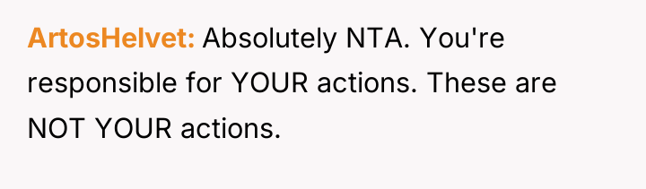 ArtosHelvet Absolutely NTA. You're responsible for YOUR actions. These are...