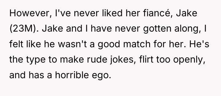 However, I've never liked her fiancé, Jake (23M). Jake and...