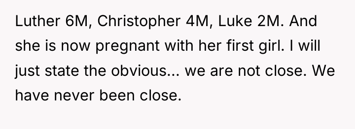 Luther 6M, Christopher 4M, Luke 2M. And she is now...