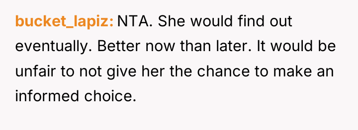 bucket_lapiz NTA. She would find out eventually. Better now than...