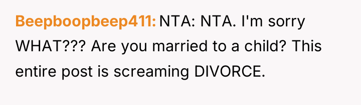 Beepboopbeep411 NTA: NTA. I'm sorry WHAT??? Are you married to...