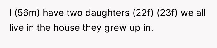 I (56m) have two daughters (22f) (23f) we all live...