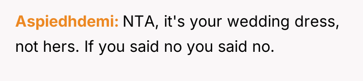 Aspiedhdemi NTA, it's your wedding dress, not hers. If you...