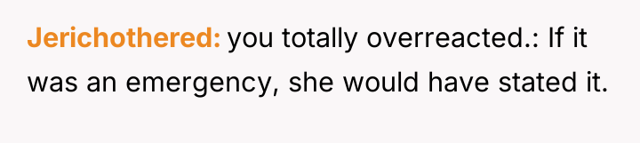 Jerichothered you totally overreacted.: If it was an emergency, she...