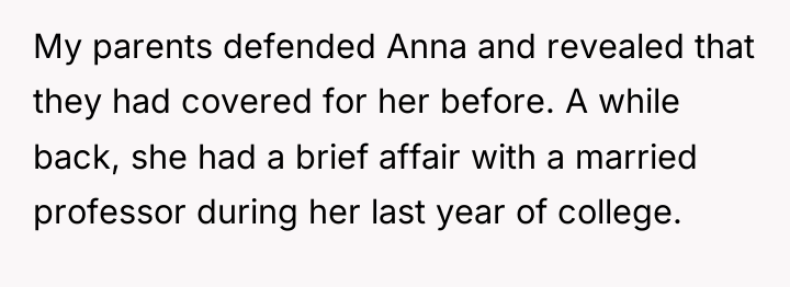 My parents defended Anna and revealed that they had covered...