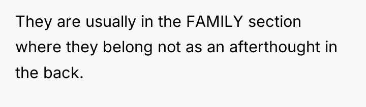 They are usually in the FAMILY section where they belong...