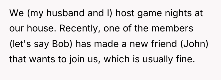 We (my husband and I) host game nights at our...