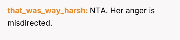 that_was_way_harsh NTA. Her anger is misdirected.