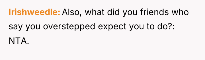 Irishweedle Also, what did you friends who say you overstepped...