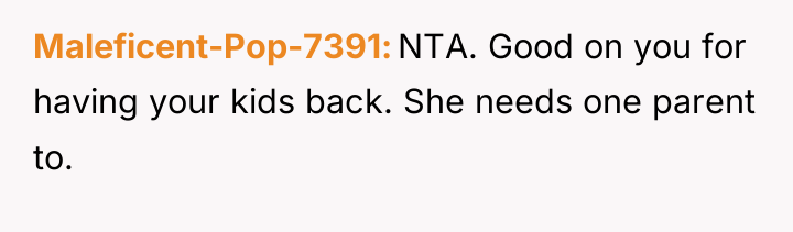 Maleficent-Pop-7391 NTA. Good on you for having your kids back....