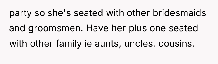 party so she's seated with other bridesmaids and groomsmen. Have...