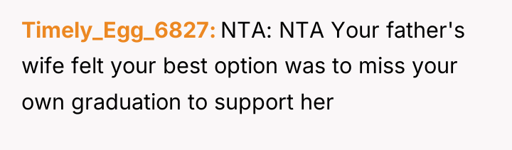 Timely_Egg_6827 NTA: NTA Your father's wife felt your best option...