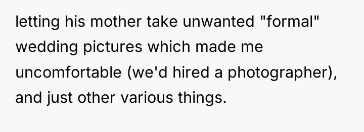 letting his mother take unwanted "formal" wedding pictures which made...