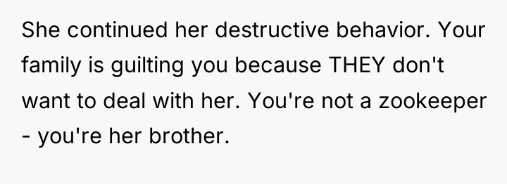 She continued her destructive behavior. Your family is guilting you...