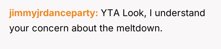 jimmyjrdanceparty YTA Look, I understand your concern about the meltdown.