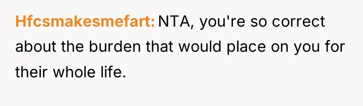 Hfcsmakesmefart NTA, you're so correct about the burden that would...