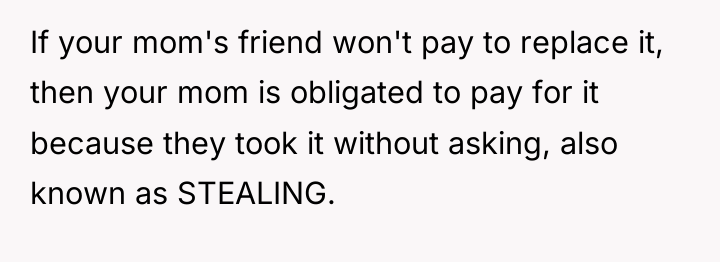 If your mom's friend won't pay to replace it, then...