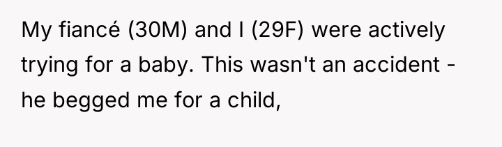 My fiancé (30M) and I (29F) were actively trying for...