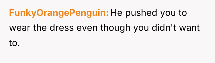 FunkyOrangePenguin He pushed you to wear the dress even though...