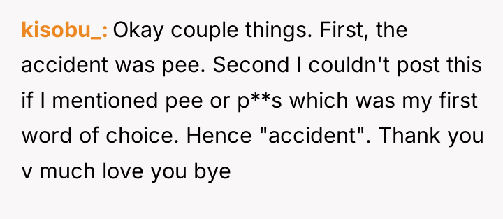 kisobu_ Okay couple things. First, the accident was pee. Second...