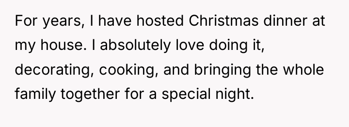 For years, I have hosted Christmas dinner at my house....