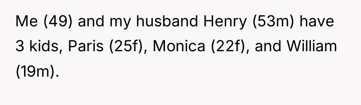 Me (49) and my husband Henry (53m) have 3 kids,...