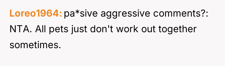 Loreo1964 pa*sive aggressive comments?: NTA. All pets just don't work...