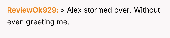 ReviewOk929 > Alex stormed over. Without even greeting me,