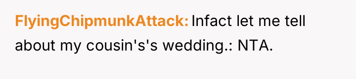 FlyingChipmunkAttack Infact let me tell about my cousin's's wedding.: NTA.