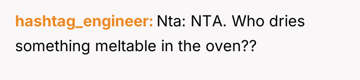 hashtag_engineer Nta: NTA. Who dries something meltable in the oven??