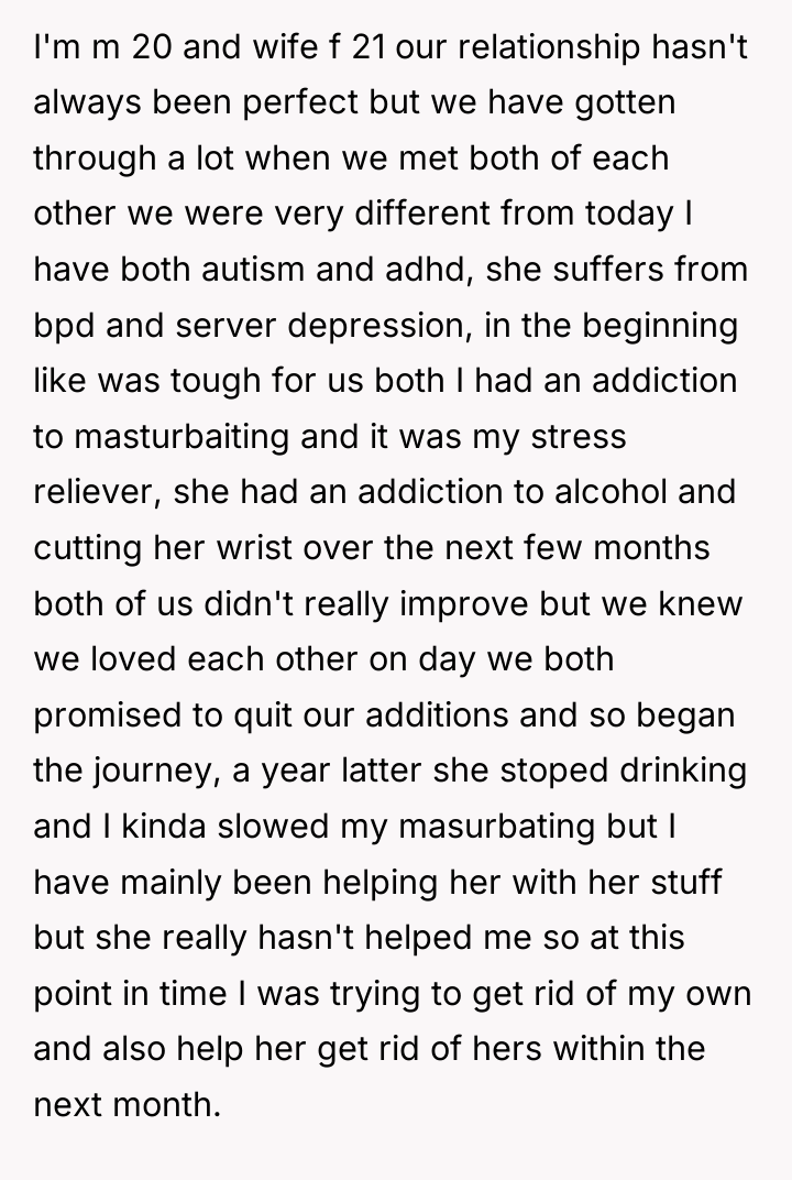 I'm m 20 and wife f 21 our relationship hasn't...