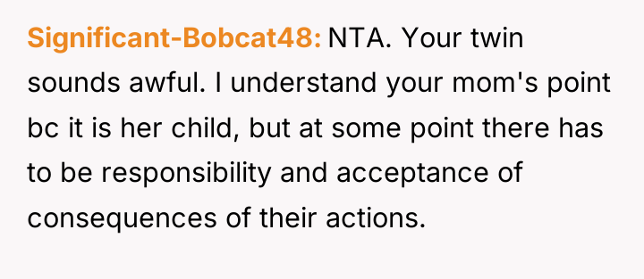 Significant-Bobcat48 NTA. Your twin sounds awful. I understand your mom's...