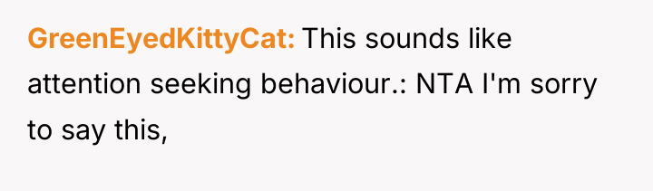 GreenEyedKittyCat This sounds like attention seeking behaviour.: NTA I'm sorry...