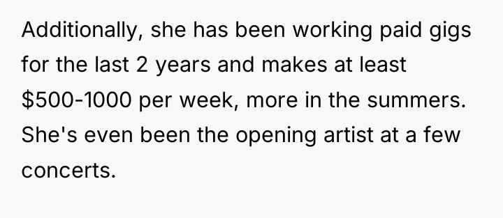 Additionally, she has been working paid gigs for the last...